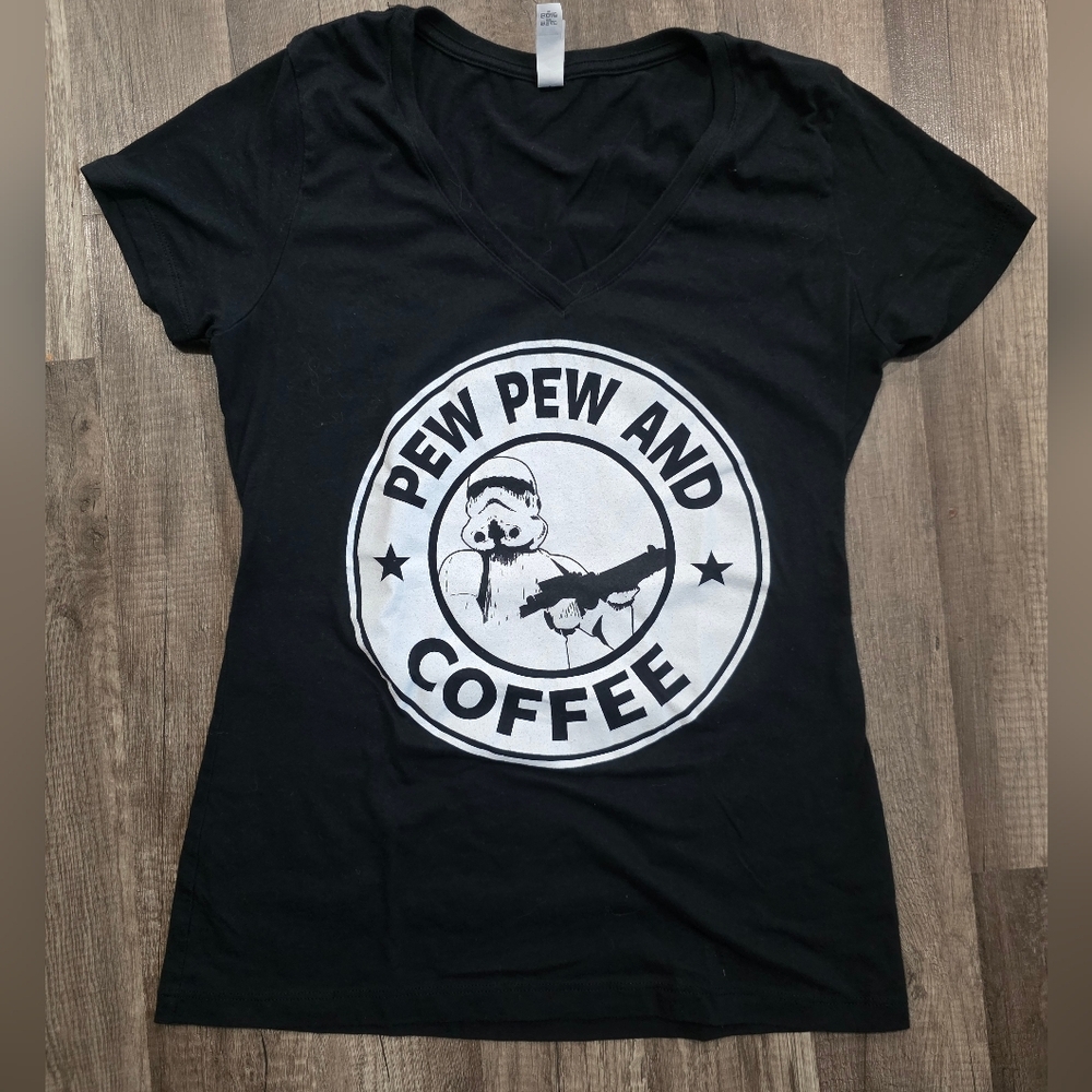 Star Wars PEW PEW AND COFFEE tee Shirt L Fotted Black Starbucks Kawaii Trooper